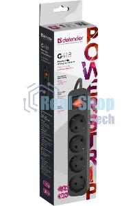 Удлинитель Defender G418 черный, 1.8 м, EURO, 4 розетки, 2200 Вт