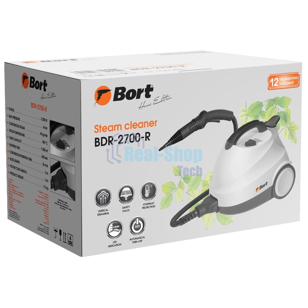 Пароочиститель Bort BDR-2700-R, 2200 Вт; 4 бар; Постоянная подача пара 45 г/мин; Температура пара 143 °С; Емкость бачка 1200 мл; Объем бойлера 1,5 л; Время нагревания 360 с; Время непрерывной работы 35 мин; Длина шланга 2 м; Длина шнура питания 3 м; Разме