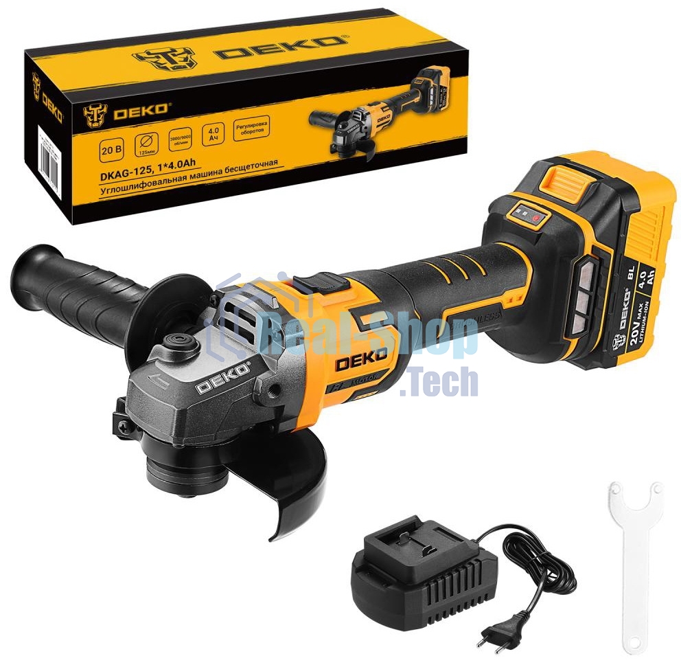 Угловая шлифовальная машина бесщеточная DEKO DKAG-125, 20В, 1*4.0А·ч