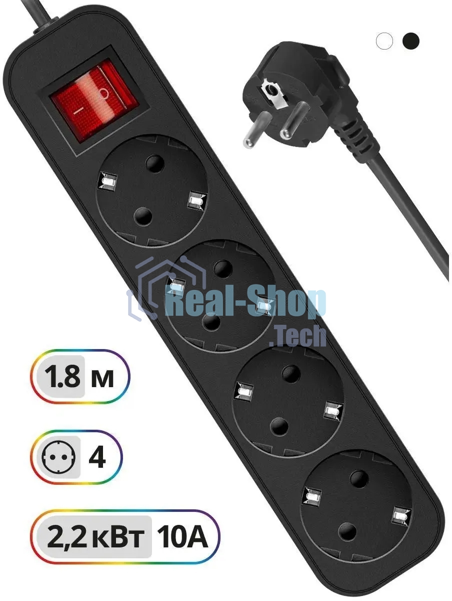 Удлинитель Defender G418 черный, 1.8 м, EURO, 4 розетки, 2200 Вт