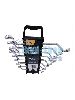 Набор накидных изогнутых гаечных ключей 8 шт Deli DL150008A Спецификация: 6x7мм, 8x9мм, 10x11мм, 12x13мм, 14x15мм, 16x17мм, 18x19мм, 20x22мм. Матовая хромированная поверхность. Пластиковая упаковка.