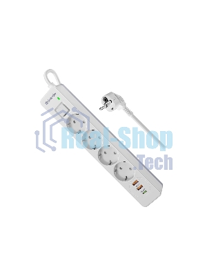 Удлинитель с сетевым фильтром Defender DFS 141, белый, 4розетки, USB+TypeC, 1.5 м.