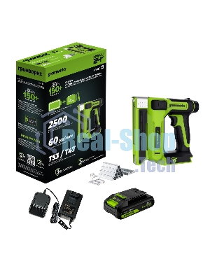 Степлер аккумуляторный Greenworks G24CS10 скобы тип 53: 6-14мм гвозди тип 47: 14мм