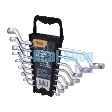 Набор накидных изогнутых гаечных ключей 8 шт Deli DL150008A Спецификация: 6x7мм, 8x9мм, 10x11мм, 12x13мм, 14x15мм, 16x17мм, 18x19мм, 20x22мм. Матовая хромированная поверхность. Пластиковая упаковка.