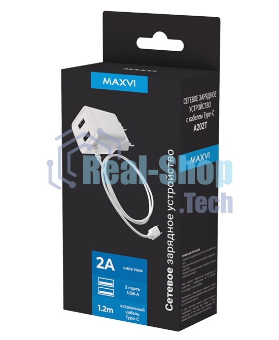 Сетевое зарядное устройство Maxvi A202T 2хUSB 2А 10W + литой кабель Type-C 1.2м, белый