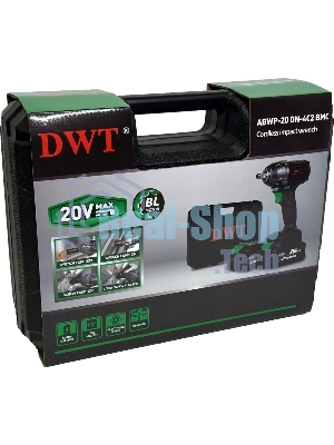 Гайковерт ударный аккумуляторный DWT ABWP-20 DN-4C2 BMC /20В/350 Нм/2400 об.в мин/3000 уд.в мин/M12-M22/бесщеточный мотор/LED-подсветка/2 АКБ, 4 А·ч/ЗУ/кейс/черный (ABWP-20 DN-4C2 BMC)