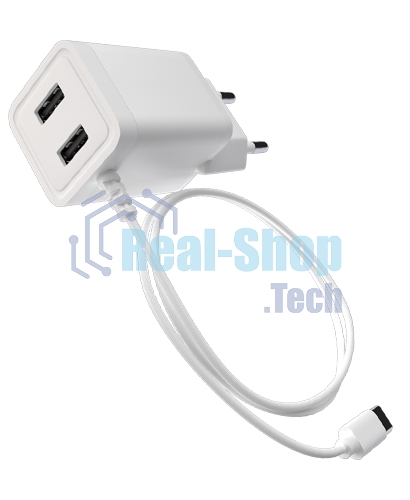 Сетевое зарядное устройство Maxvi A202T 2хUSB 2А 10W + литой кабель Type-C 1.2м, белый