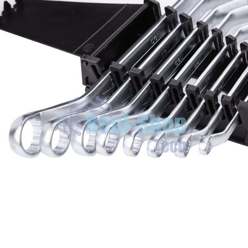 Набор накидных изогнутых гаечных ключей 8 шт Deli DL150008A Спецификация: 6x7мм, 8x9мм, 10x11мм, 12x13мм, 14x15мм, 16x17мм, 18x19мм, 20x22мм. Матовая хромированная поверхность. Пластиковая упаковка.