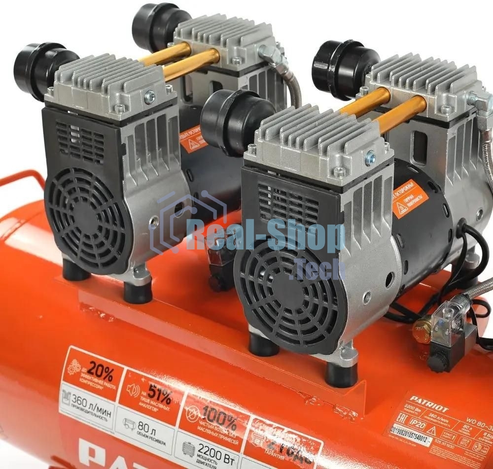 Компрессор Patriot поршневой безмасляный WO 80-360, 360 л/мин, 8 бар, 2200 Вт, 80 л, быстросъем и 