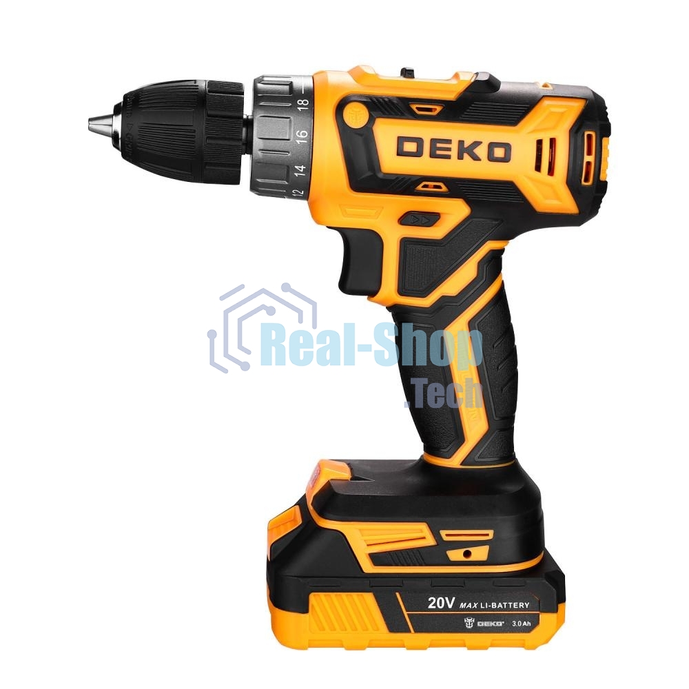 Дрель-шуруповерт аккумуляторная Deko GCD20DU PRO, 20В, 2 АКБ, Кейс + набор 63 инструмента для дома