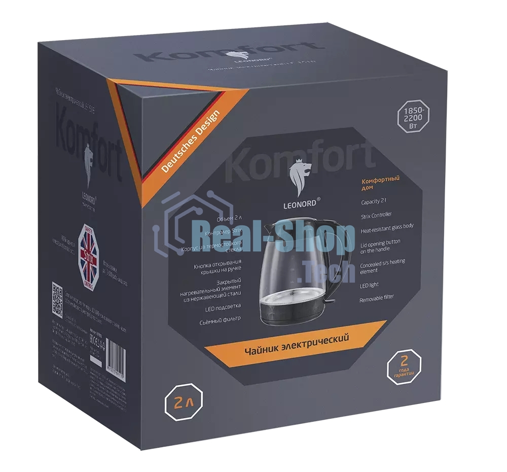 Чайник электрический LEONORD LE-1519 2 л, 2200 Вт, стекло, черный