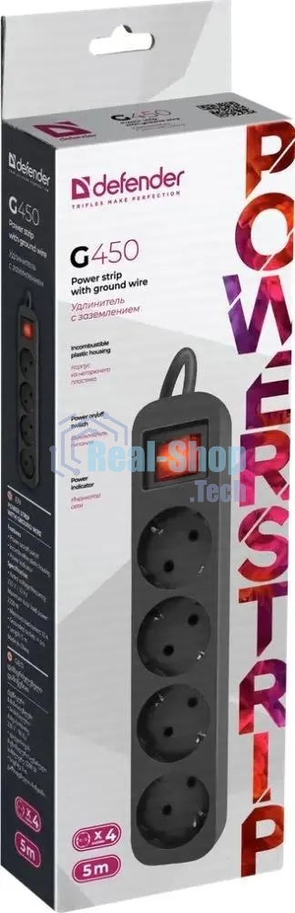Удлинитель Defender G450 черный, 5 м, EURO, 4 розетки, 2200 Вт