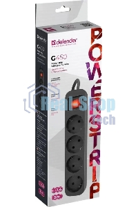 Удлинитель Defender G450 черный, 5 м, EURO, 4 розетки, 2200 Вт