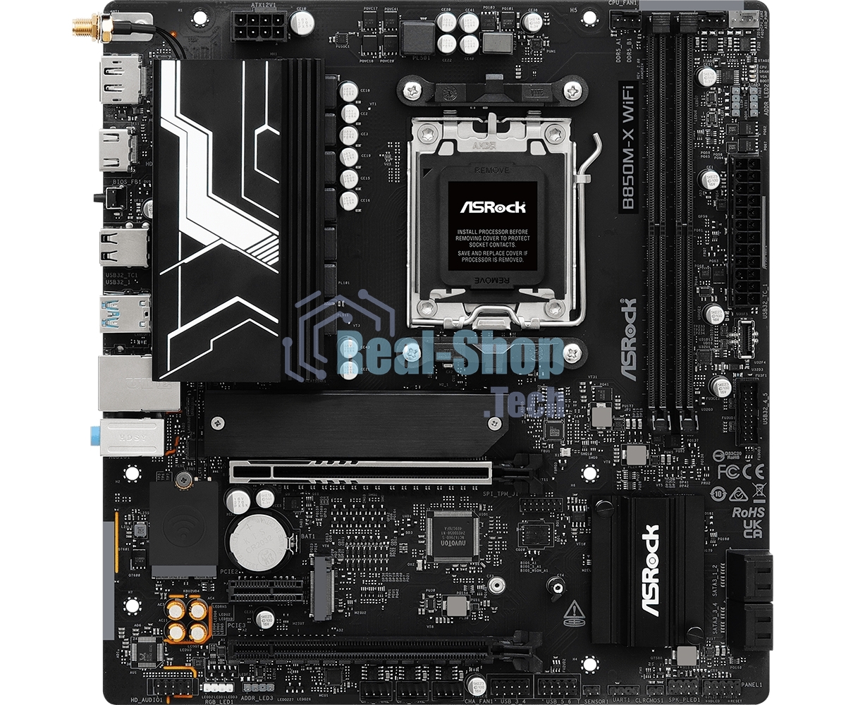 Материнская плата ASROCK B850M-X WIFI R2.0, AM5, AMD B850, 2xDDR5, 4xSATA, 2xM.2, 1xPCIe 5.0 x16, 1xPCIe 4.0 x4, 1xPCIe 3.0 x1, 1xDP, 1xHDMI, 1x2.5Gb LAN, Wi-Fi 6E, BT 5.2, 1xUSB-C 5Gbps, 3xUSB-A 5Gbps, 2xUSB-A 2.0, 3x3.5 мм, 7.1, mATX