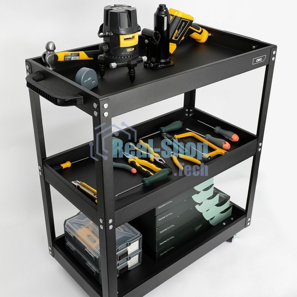 Тележка инструментальная трехсекционная на колесах Deli DL433023 700x350x760мм, до 210кг, толщина полки 0,7мм, толщина стойки 1,2мм