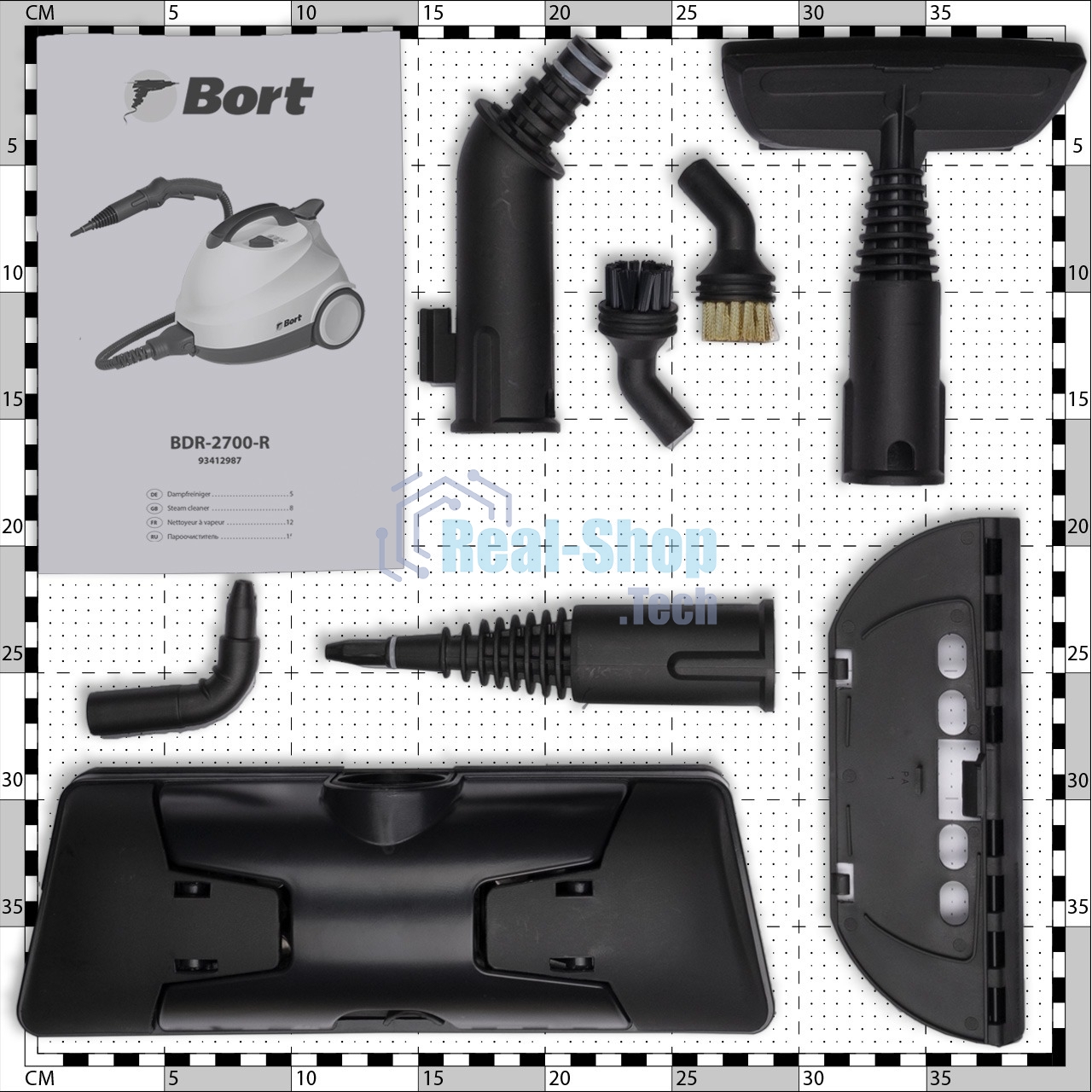 Пароочиститель Bort BDR-2700-R, 2200 Вт; 4 бар; Постоянная подача пара 45 г/мин; Температура пара 143 °С; Емкость бачка 1200 мл; Объем бойлера 1,5 л; Время нагревания 360 с; Время непрерывной работы 35 мин; Длина шланга 2 м; Длина шнура питания 3 м; Разме