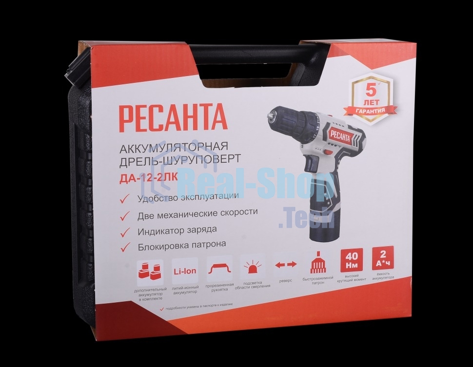 Дрель-шуруповерт аккумуляторная Ресанта ДА-12-2ЛК 75/14/2, Аккумуляторная, 12В, 2 АКБ, Кейс