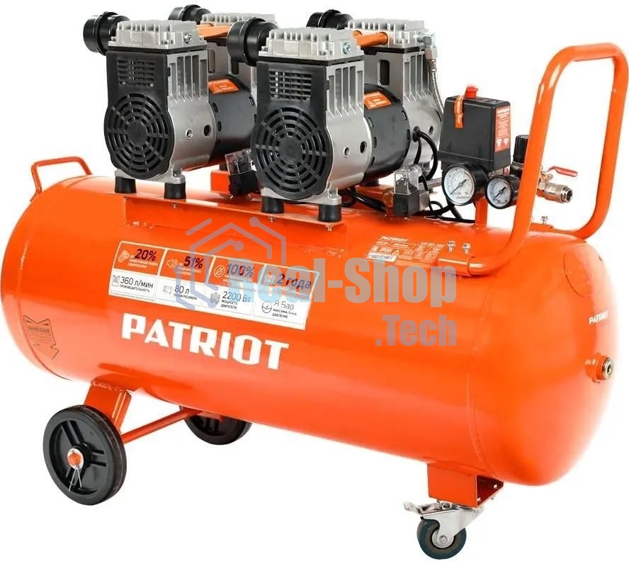Компрессор Patriot поршневой безмасляный WO 80-360, 360 л/мин, 8 бар, 2200 Вт, 80 л, быстросъем и 