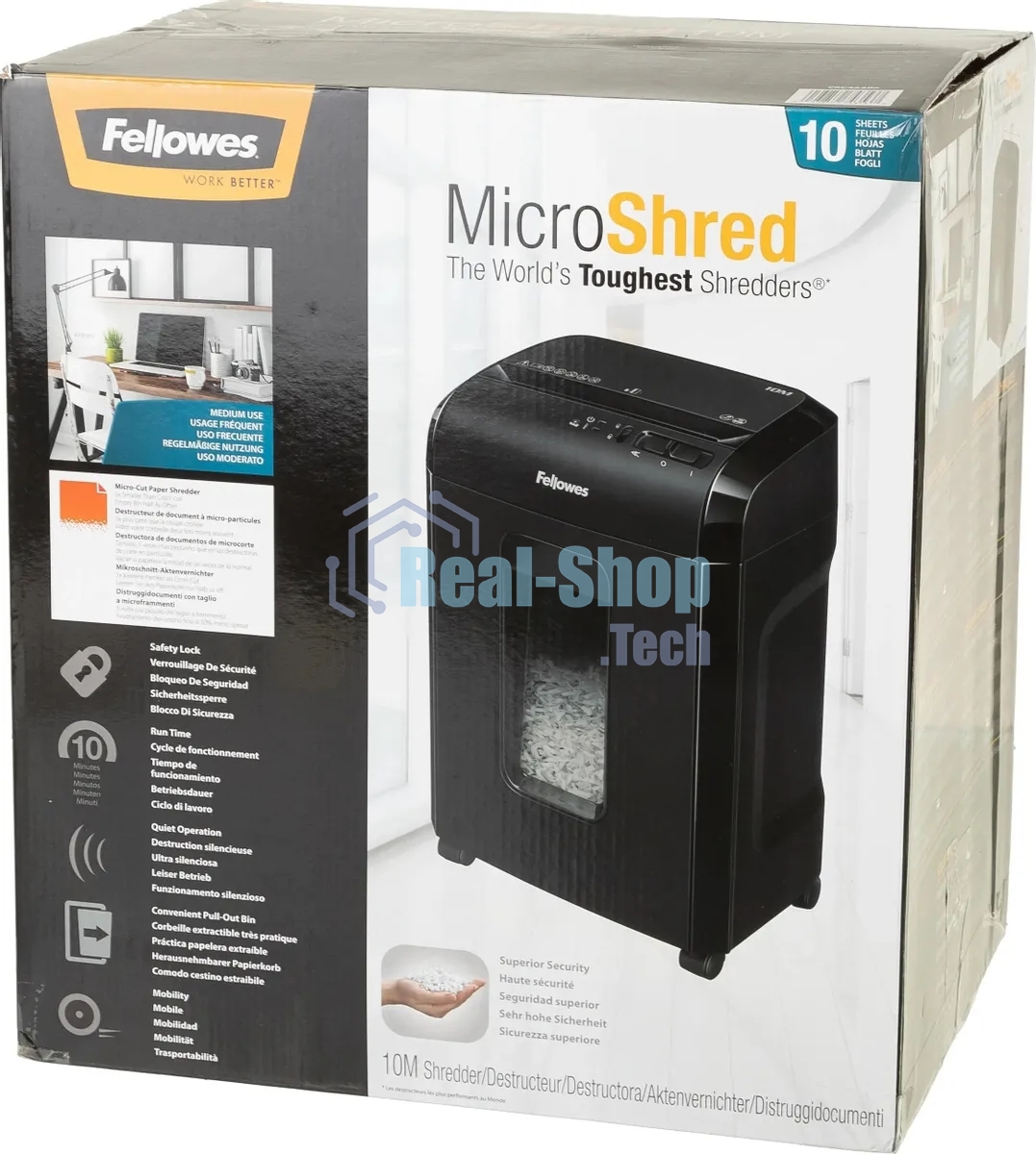 Шредер Fellowes Powershred 10M FS-4630601 DIN P-5, 2х15мм, 10лст., 19лтр., Safety Lock, с микрорезкой