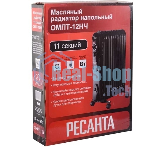 Обогреватель масляный Ресанта ОМПТ-12НЧ (11 секций) черный, 2500 Вт, 30 м2, термостат 67/3/15