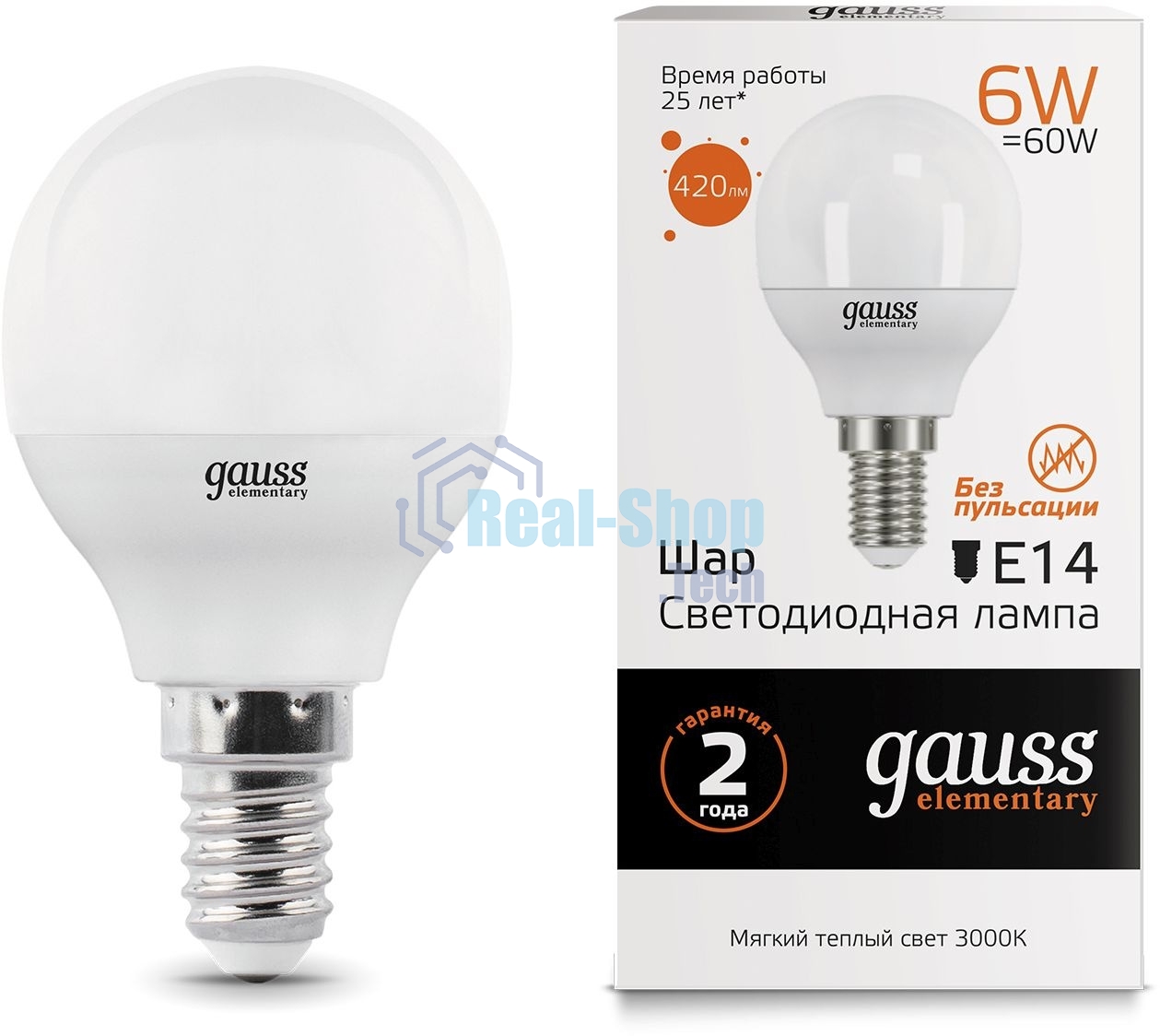 Лампа светодиодная Gauss Elementary 6Вт цок.: E14 шар 220B 3000K св. свеч. бел. теп. (упак.: 10 шт)