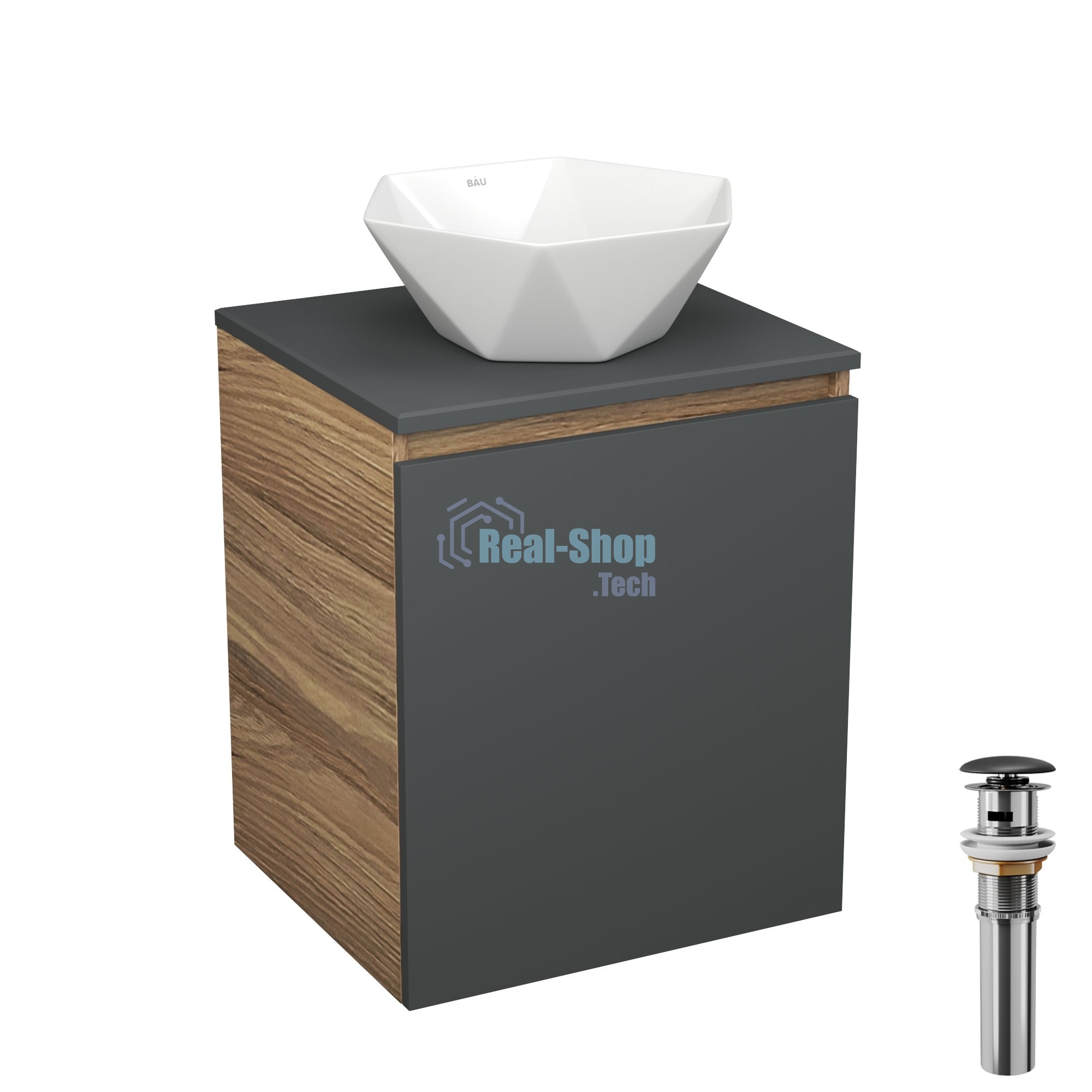 Тумба Bau Dream Blackwood 50 графит, раковина BAU Crystal 40х40, выпуск клик клак, черный