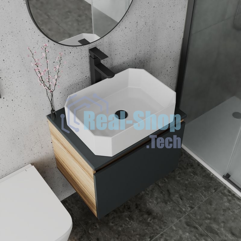 Комплект для ванной, 4 предмета (Тумба подвесная Bau Blackwood 60 графит + Раковина BAU Hotel 51х37 + Смеситель Hotel Black, черный, выпуск черный)