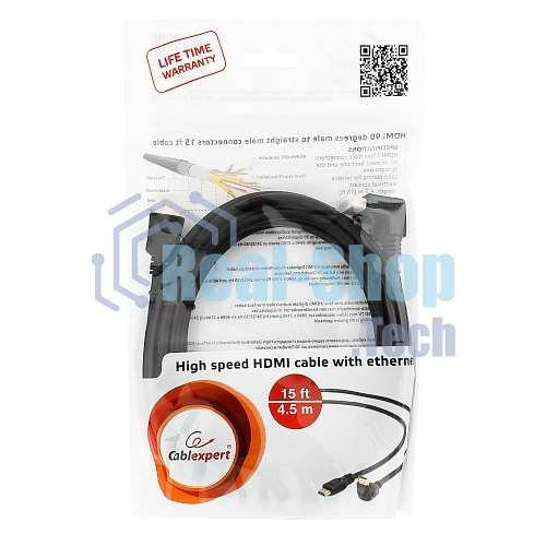 Кабель Cablexpert HDMI CC-HDMI490-15, 19M/19M, v2.0, медь, позол.разъемы, экран, угловой, 4.5м, черный, пакет