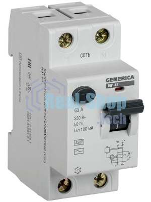 Выключатель дифференциального тока (УЗО) 2п 63А 100мА тип AC ВД1-63 GENERICA IEK MDV15-2-063-100