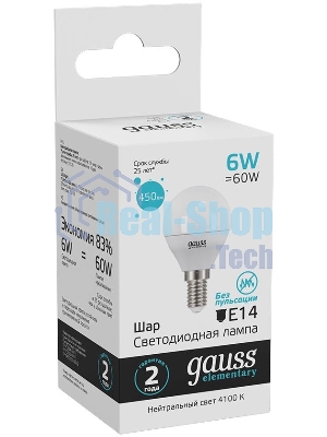 Лампа светодиодная Gauss Elementary 6Вт цок.: E14 шар 220B 4100K св. свеч. бел. ней. (упак.: 10 шт)