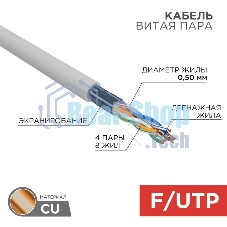 Кабель витая пара Rexant F/UTP, cat.5e, PVC, 4PR, 24AWG, INDOOR, SOLID, серый, 305м