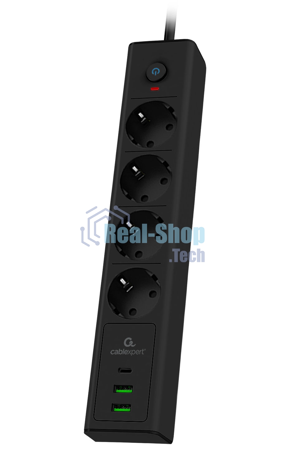 Сетевой фильтр Cablexpert Exnovo, EXN-4-CU2-B-2, 4р,16А, 1xType-C PD, 30Вт, 2хUSB, 2 м, ур. защиты 4+, черный, коробка
