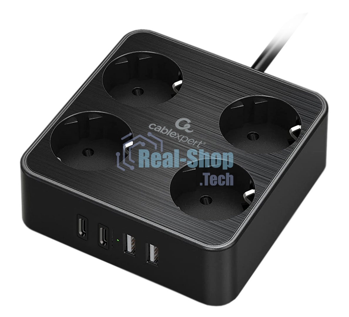 Сетевой фильтр Cablexpert Plate, PLT-4-C2U2-B-2, 4р, 10А, 2xType-C PD, 20Вт, 2xUSB, 2.4A, 2 м, ур. защиты 4+, черный, коробка