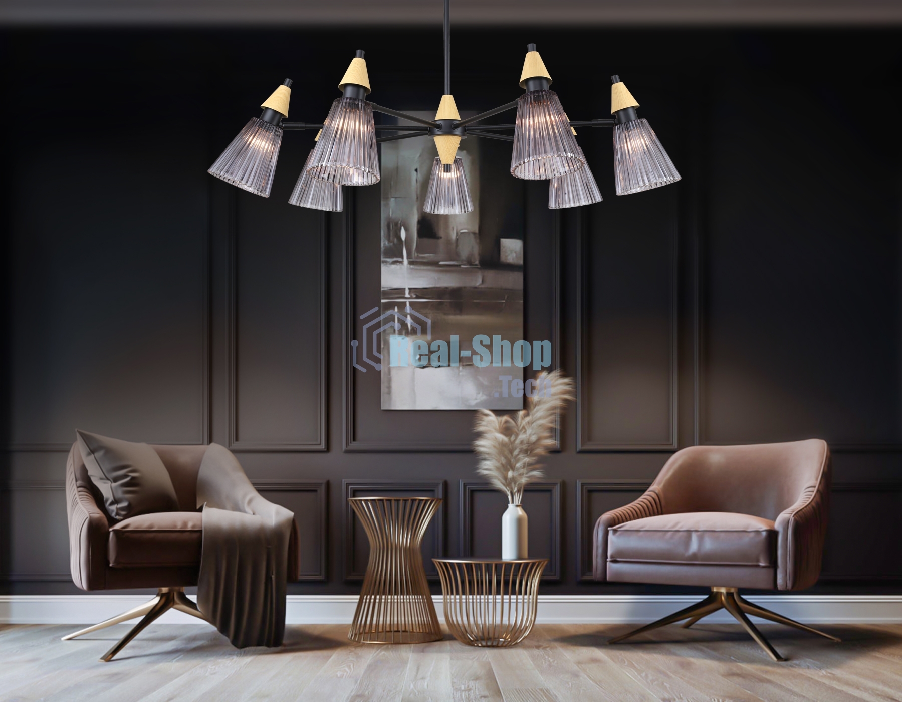 Люстра Ambrella light LH58116/7 BK/LW/SM черный/светлое дерево/дымчатый E14*7 max 40W D750*390
