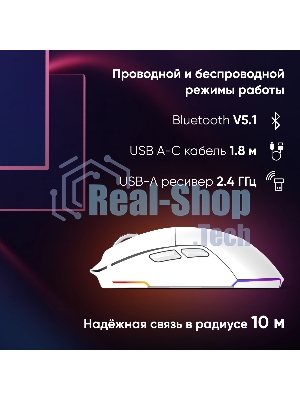 Мышь беспроводная Oklick 900GMW белый, 26000 dpi, радиоканал, Bluetooth, USB, кнопки - 6