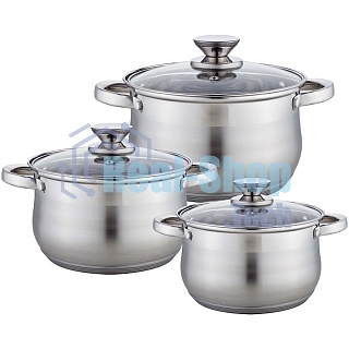 Набор посуды WEBBER BE-615/6 из нерж.стали 6 пр. 2,9 л, 5,1 л, 6,6 л со стеклянными крышками В наборе 6 предметов: кастрюля со стеклянной крышкой 18х11,5 см; 2,9 л кастрюля со стеклянной крышкой 22х13,5 см; 5,1 л кастрюля со стеклянной крышкой 24х14,5 см;