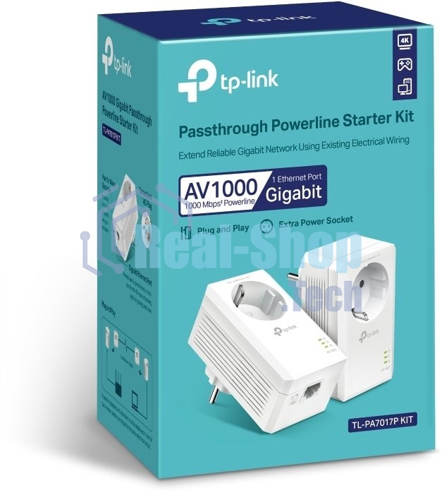 Сетевой адаптер TP-Link AV1000 Gigabit Passthrough Powerline Starter KitSPEED: 1000 Mbps PowerlineSPEC: Broadcom CPU, HomePlug AV2, 1+1 Gigabit PortFEATURE: Plug and Play, tpPLC Utility, Pair for More Security, Extra Power SocketKIT: 2× TL-PA7017P