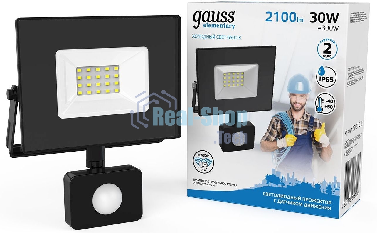 Прожектор светодиодный Gauss Elementary LED 30W 2100lm IP65 6500К с датчиком движения