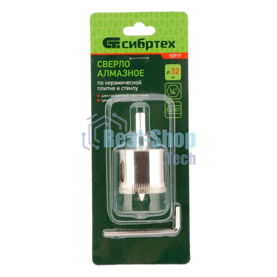Сверло по керамической плитке и стеклу Сибртех, 32 х 55 мм, 6 гр.хв-к, с центр. сверлом