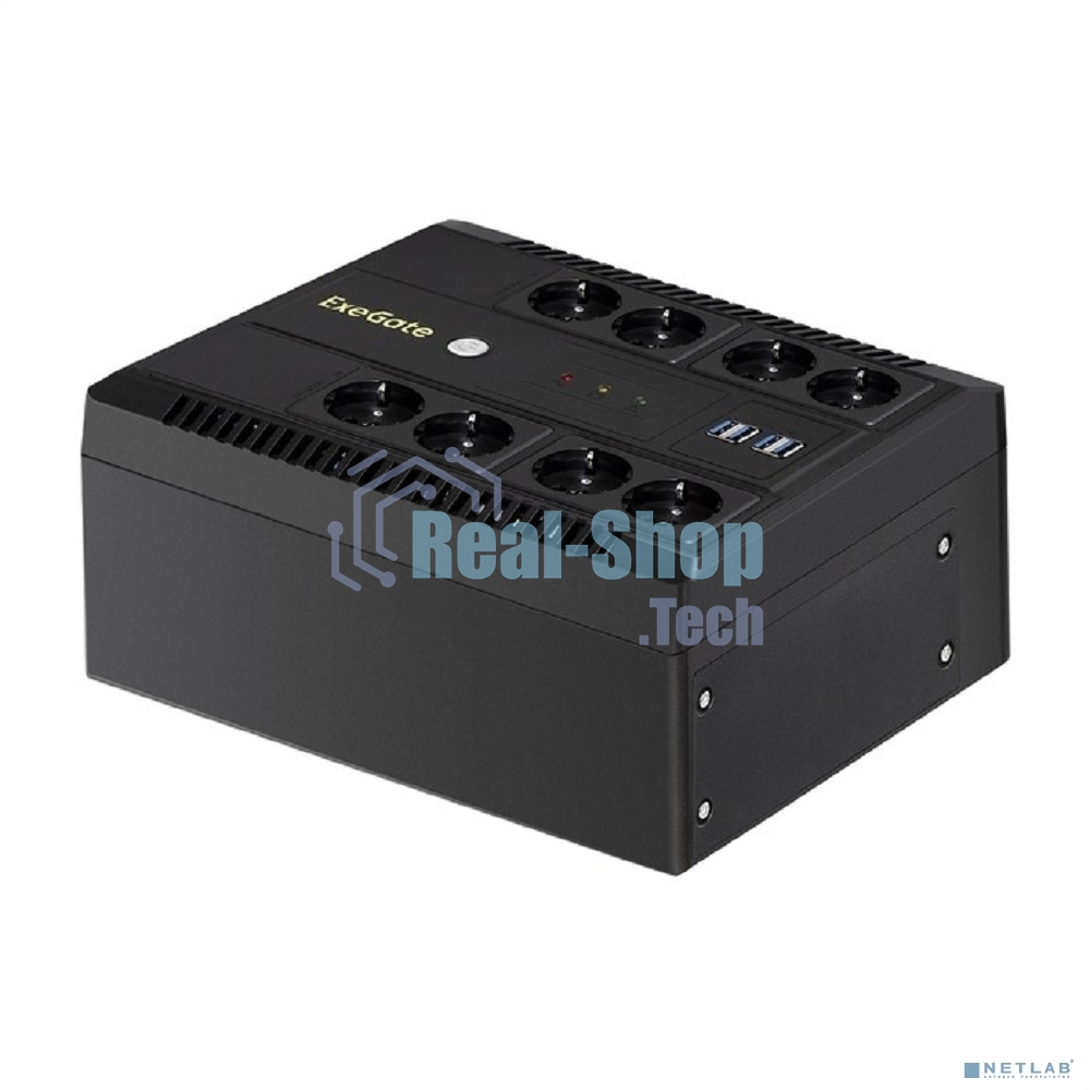 Источник бесперебойного питания ExeGate NEO NNB-1000.LED.AVR.8SH.CH 1000VA/650W, LED, AVR, 8*Schuko, 4*USB-порта для зарядки, черный
