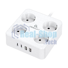 Сетевой фильтр Cablexpert Plate, PLT-4-C2U2-W-3, 4р, 10А, 2xType-C PD, 20Вт, 2xUSB, 2.4A, 3 м, ур. защиты 4+, белый, коробка