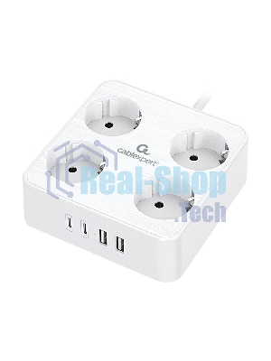 Сетевой фильтр Cablexpert Plate, PLT-4-C2U2-W-3, 4р, 10А, 2xType-C PD, 20Вт, 2xUSB, 2.4A, 3 м, ур. защиты 4+, белый, коробка