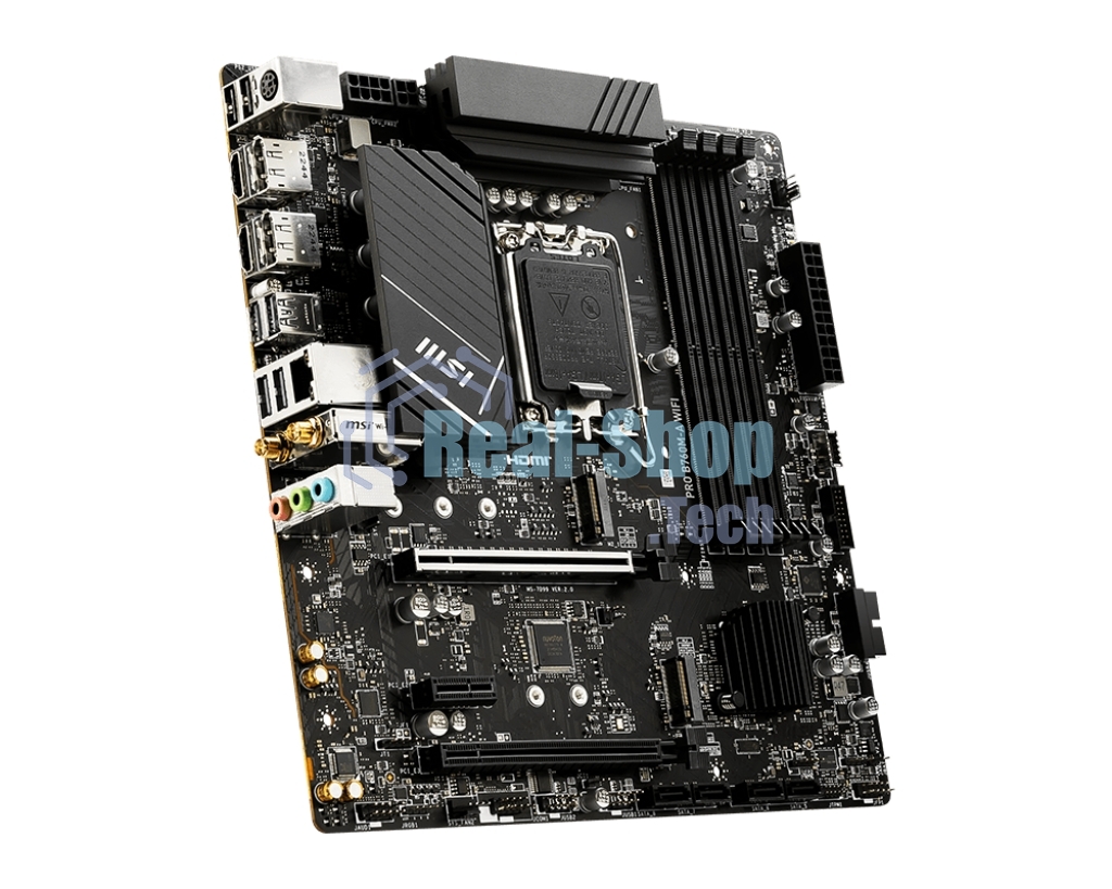 Материнская плата MSI PRO B760M-A WIFI, LGA 1700, Intel B760, 4xDDR5, 4xSATA, 2xM.2, 1xPCI-E 4.0 x16, 1xPCI-E 4.0 x4, 2xHDMI, 2xDP, 1x2.5Gb LAN, 2xUSB-A 2.0, 2xUSB 3.2 Gen 1, 2xUSB 3.2 Gen 2, 3x3.5 мм, 7.1, Micro-ATX