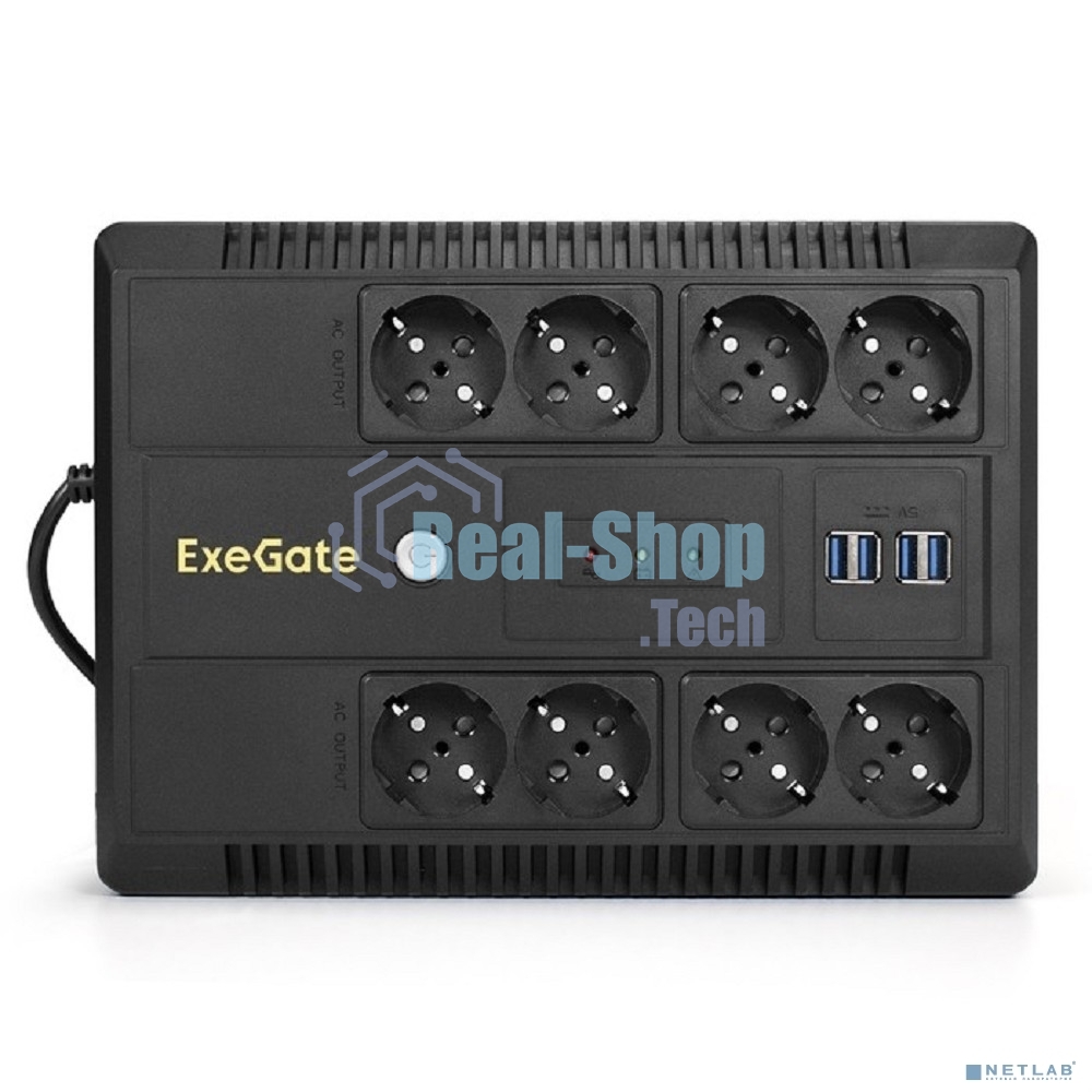 Источник бесперебойного питания ExeGate NEO NNB-1000.LED.AVR.8SH.CH 1000VA/650W, LED, AVR, 8*Schuko, 4*USB-порта для зарядки, черный