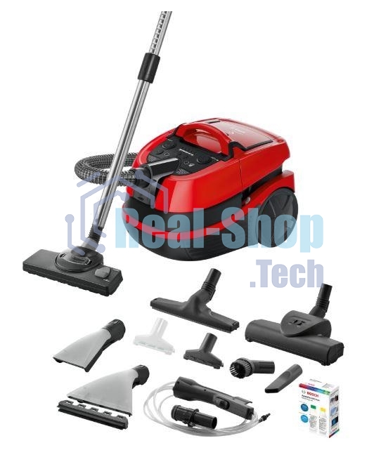 Пылесос Bosch BWD421PET красный, 2100 Вт, уборка влажная/сухая, пылесборник контейнер 5 л