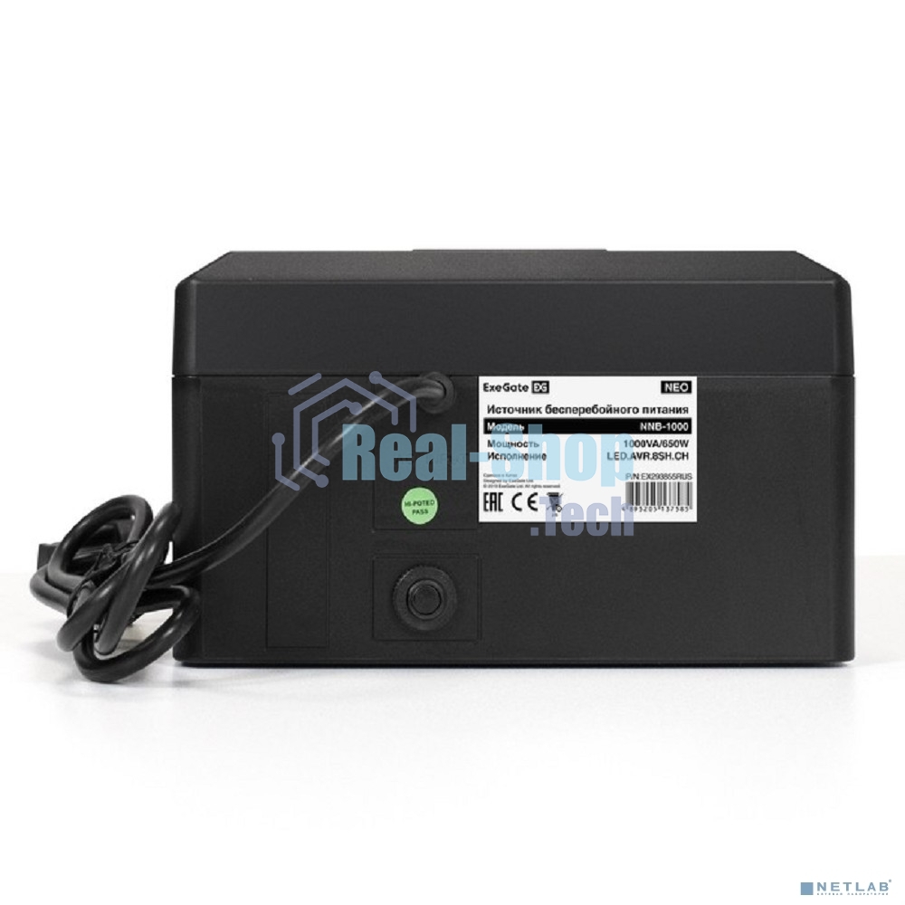 Источник бесперебойного питания ExeGate NEO NNB-1000.LED.AVR.8SH.CH 1000VA/650W, LED, AVR, 8*Schuko, 4*USB-порта для зарядки, черный