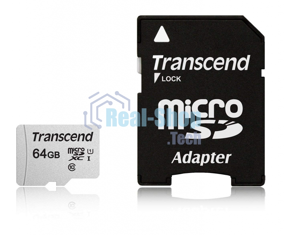Флеш карта Micro SecureDigital 64Gb Transcend Class 10 TS64GUSD300S-A MicroSDXC Class 10 UHS-I, SD adapter