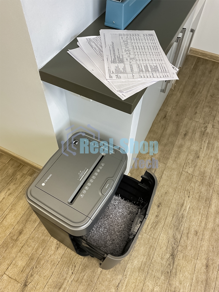 Шредер Heleos АП23-5 серый/серебристый с автоподачей (секр.P-5) фрагменты 145лист. 23лтр. скрепки скобы пл.карты