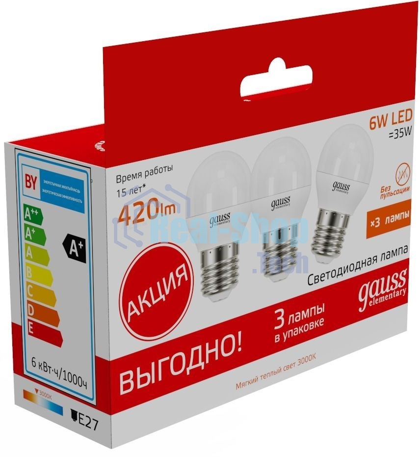 Лампа cветодиодная Gauss Elementary Шар 6W 3000K E27 (3 лампы в упаковке) LED 1/40