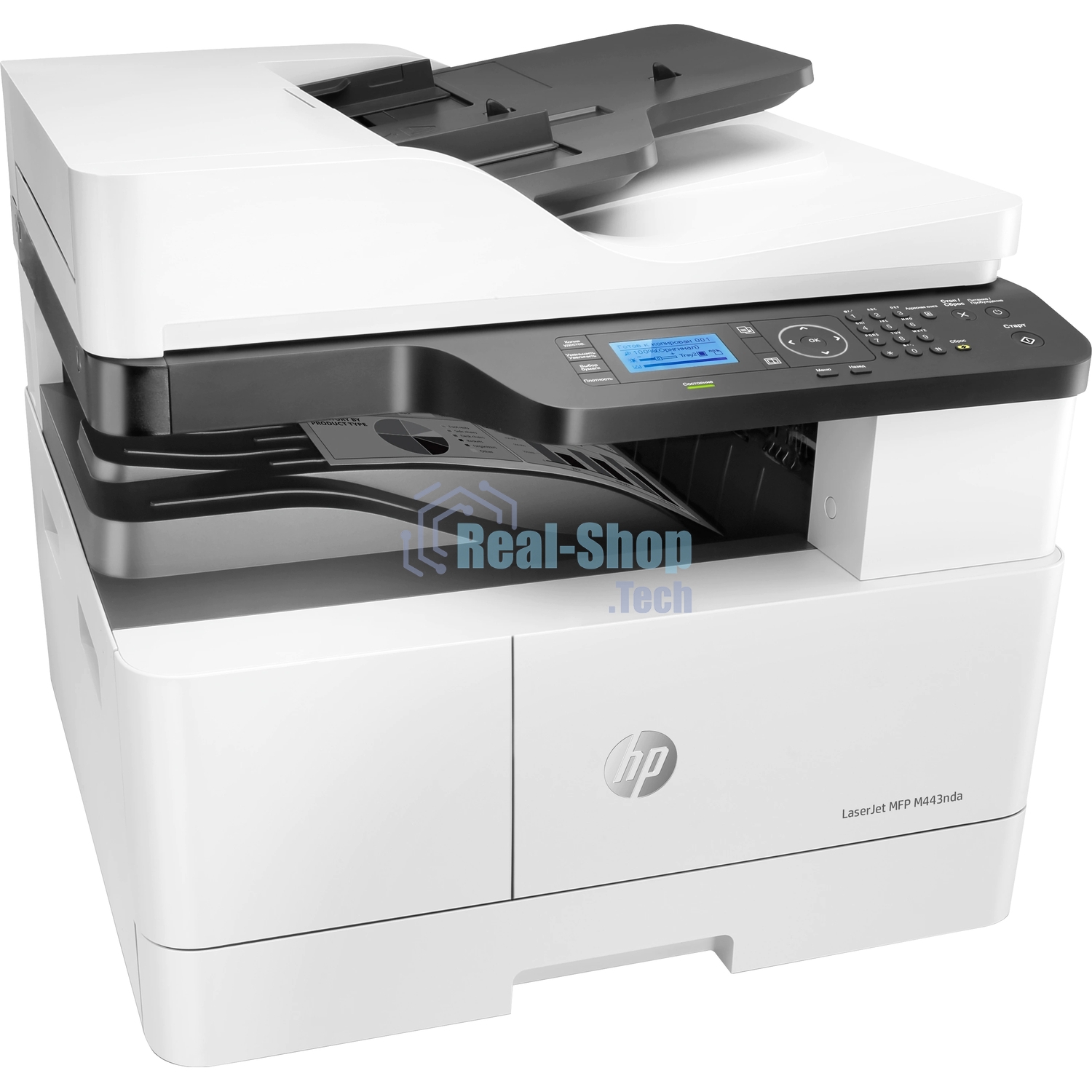 МФУ лазерное HP LaserJet MFP M443nda (8AF72A), A3, ч/б, печ. до 25 стр/мин. (А4) до 13 стр/мин. (А3), скан. до 21 стр/мин., 1200 x 1200 dpi (печать) 600x600dpi (скан.), USB, RJ-45